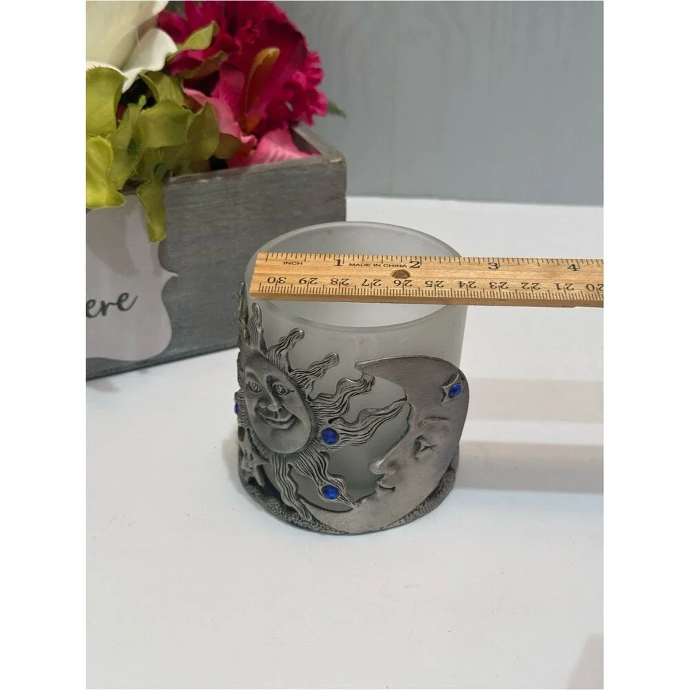 Vintage 90s Pewter Celestial Sun Moon Votive Candle Holder Blue Rhinestones